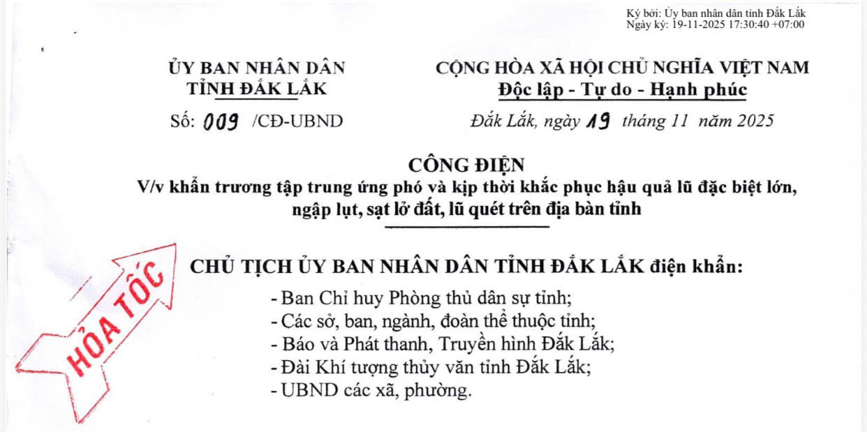 Công điện v/v khẩn trương tập trung ứng phó và kịp thời khắc phục hậu quả lũ đặc biệt lớn, ngập lụt, sạc lở đất, lũ quét trên địa bàn tỉnh